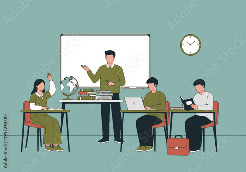 Teacher instructing diverse students in a minimalist classroom with books and globe