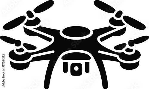 Black silhouette of a quadcopter drone with camera simple vector icon for technology and concepts isolated on white background