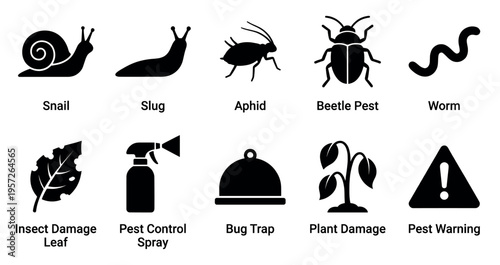 A collection of black and white vector icons representing common garden pests like snails and beetles, alongside pest control tools and warnings.