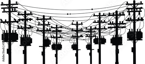 Silhouette Collection of Electric Utility Poles with Transformers and Power Lines for Energy Infrastructure Maintenance and Industrial Power Supply Vector