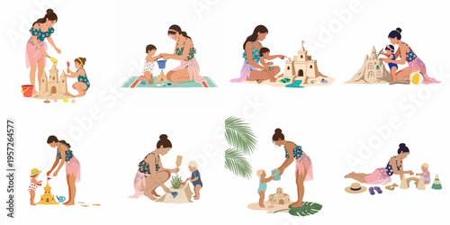 Set of flat vector illustrations featuring a mother and her young child building sandcastles together on a beach during summer vacation.