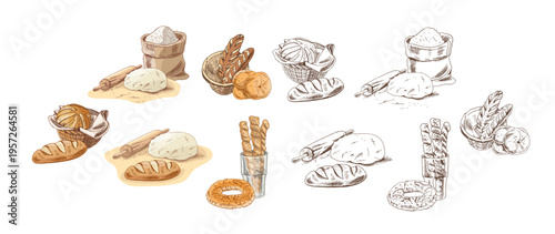 Hand drawn vintage sketch of bakery bread dough flour and breadsticks collection set color and outline version