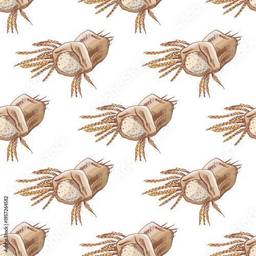 Hand drawn vintage seamless pattern of wheat grain sack with ears bundle agriculture harvest repeat texture