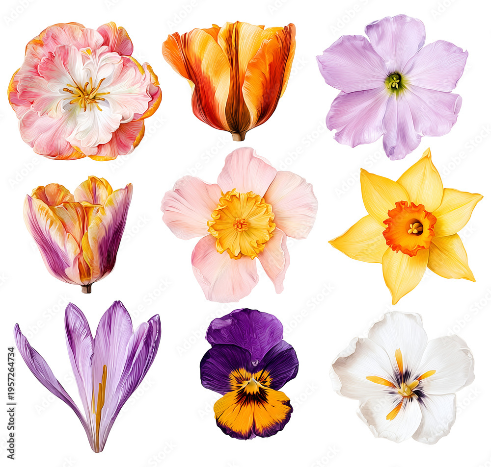 Fototapeta premium Watercolor garden flowers bundle tulips narcissus pansy isolated transparent background PNG