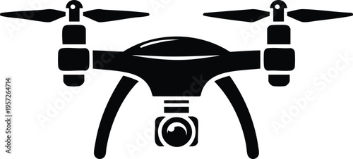 Black silhouette of a quadcopter drone with camera simple vector icon for aerial photography and technology concepts isolated on white isolated on white background