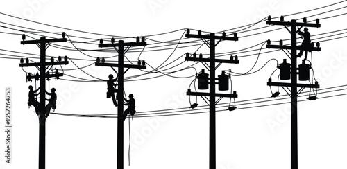 Silhouette of Multiple Electrician Linemen Working on Power Lines and Utility Poles for Maintenance Repair and Energy Infrastructure Installation Vector