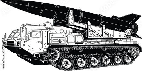 Mobile missile launcher tracked vehicle silhouette illustration, armored defense artwork, military technology design concept, black and white vector template set