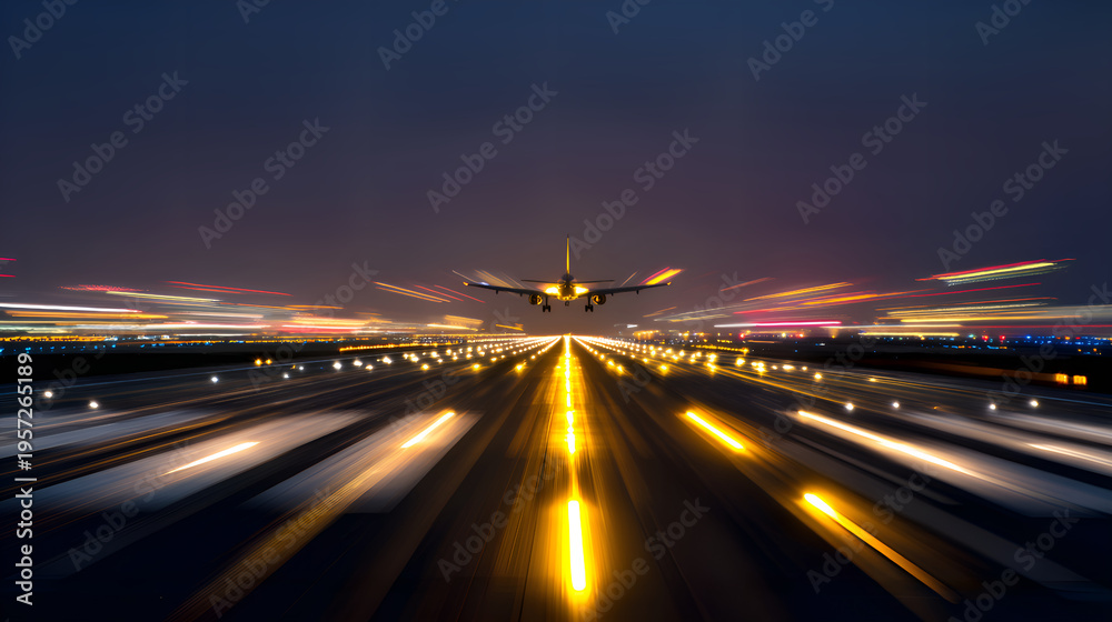 Obraz premium Airplane landing on illuminated runway creating light trails at night