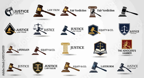 Justice and Law Icons: Gavel, Scales, Column, Book, Shield, Emblem