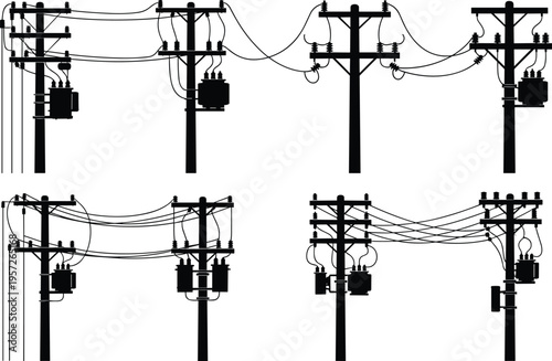 Utility poles silhouette illustration, electrical transformers with power lines, urban energy infrastructure vector artwork, power distribution system silhouette design