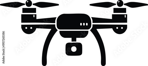 Quadcopter drone with an attached camera system silhouette vector illustration on a white background