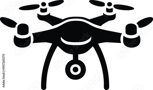 Black silhouette of a quadcopter drone with camera simple vector icon for technology and aerial photography concepts isolated on white isolated on white background