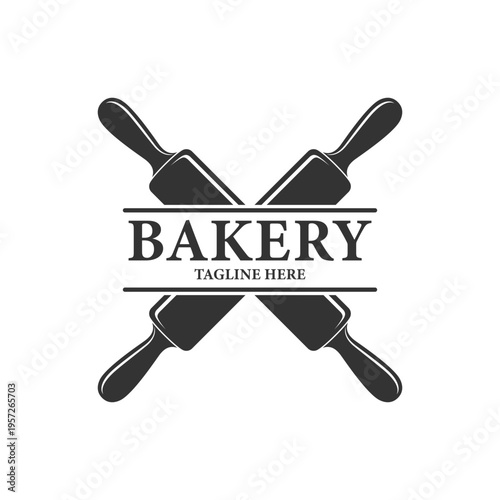 Bakery graphic logo. Bakeshop symbol with two crossed rolling pin. Sign isolated on white background. Vector illustration