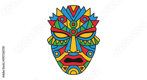 Colorful tribal mask with geometric patterns.