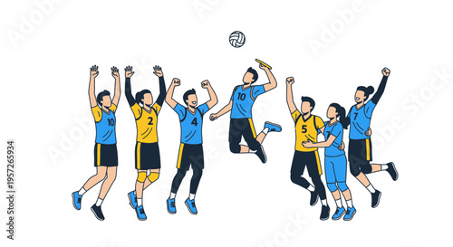 Group of men playing volleyball together.