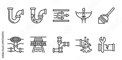A clean, modern icon set illustrating various plumbing concepts including traps, flow, drains, plungers, and broken pipes with tools.