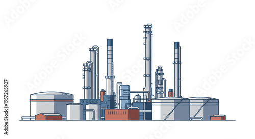 Industrial factory with smokestacks and buildings.