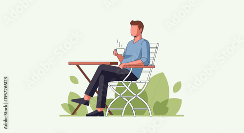 Man sitting at outdoor table relaxing.