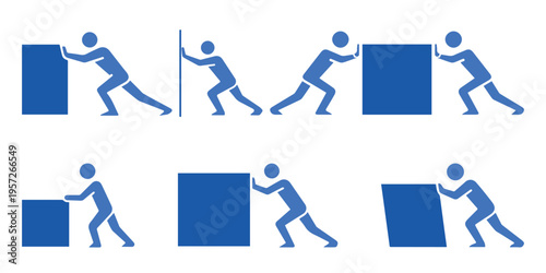 Stick Figure Pushing Box Icons Set, Person Moving Obstacle and Teamwork Concept