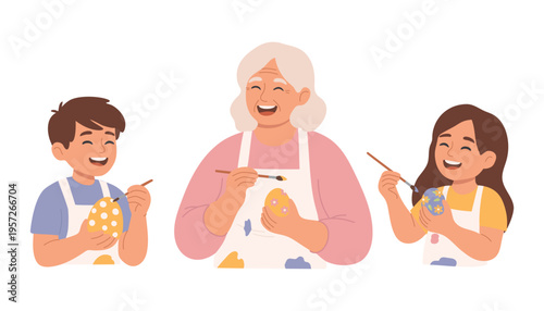 Family painting Easter eggs together, happy grandmother and kids decorating eggs, Easter holiday flat vector illustration