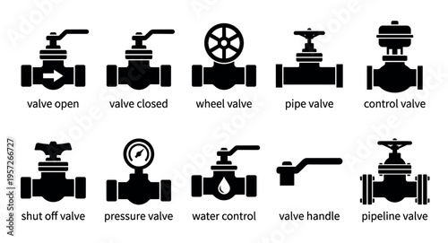 A set of black and white graphic icons representing various types of pipe valves, including open, closed, wheel, control, shut off, pressure, and pipeline valves.
