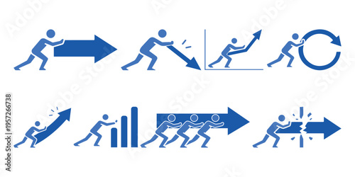 Business growth and crisis management icon set: Man pushing arrows, bar charts, and circular cycles for progress, success, and overcoming challenges.