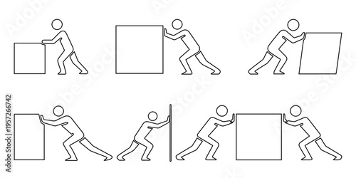 Stick Figure Pushing Box Icons Set, Person Moving Obstacle and Teamwork Concept