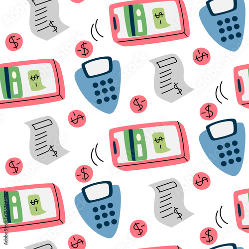 Flat seamless pattern with smartphone for contactless payment, bank terminal and receipts. Digital finance and mobile banking background for business website or textile. seamless texture graphics.