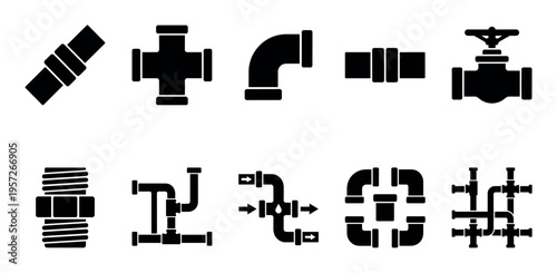A collection of black icons representing various plumbing pipe fittings, including elbows, tees, couplings, and valves on a white background.