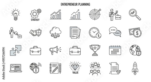 Entrepreneurship Icons: Business, Strategy, Growth, Startup, Success, Planning, Finance