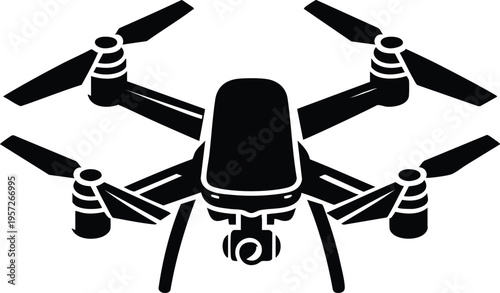 Quadcopter drone with an attached camera system silhouette vector illustration on a white background