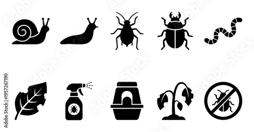 A set of black icons depicting garden pests, damaged plant leaves, spray bottle, and pest control symbol on a white background.