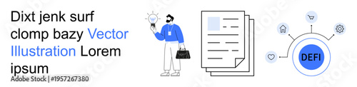 Blockchain technology, decentralized finance, innovation, business strategies, technology development, digital workflows. Man holds idea bulb, document stack DEFI network illustration. Blockchain