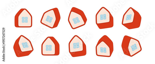 Flat line art illustration of red houses with blue windows in different isometric angles and perspectives.