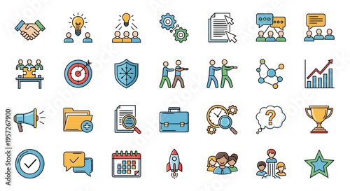 Business Icons Set: Teamwork, Strategy, Success, and Innovation Symbols