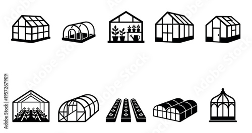 A collection of simple, modern, black and white graphic icons representing various types of greenhouses and growing structures.