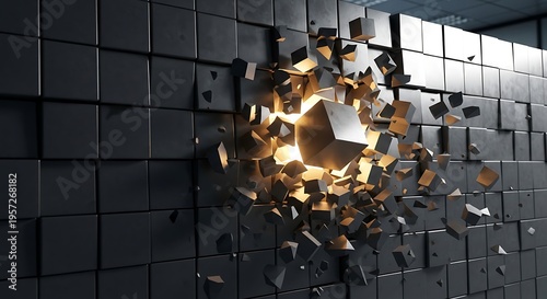 A dynamic representation of a dark wall of cubes shattering outwards from a luminous central point, symbolizing breakthrough and disruption.