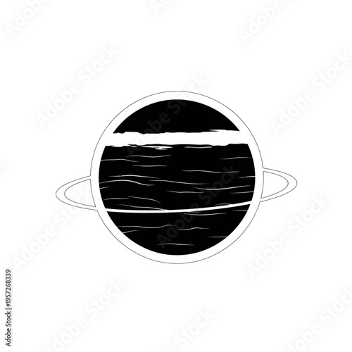 Monochrome Illustration of a Ringed Planet with Water.