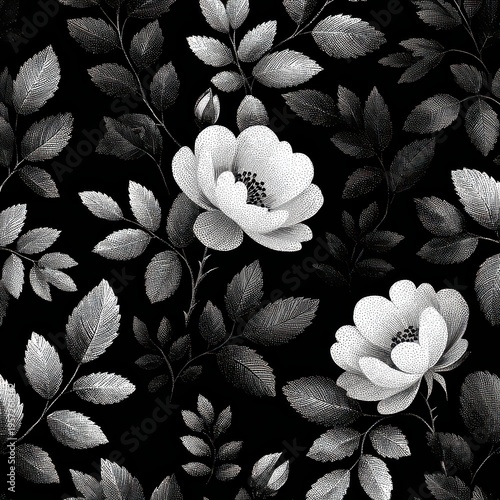 Elegant Floral Pattern with Black Background and Monochrome Flowers