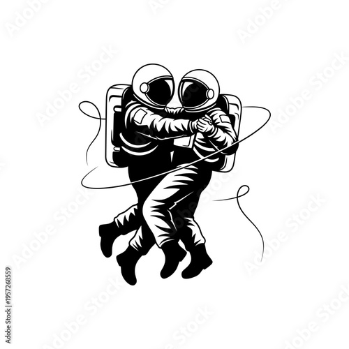 Monochrome Illustration of Two Astronauts Embracing in Space.
