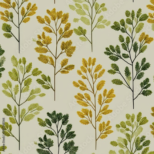 Lush Greenery Pattern with Vibrant Leaves on Neutral Background