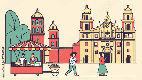 Urban scene with local culture showing people walking near historic architecture and street market capturing city rhythm and everyday life