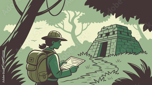 Explorer discovering ancient ruins hidden in forest vines capturing adventure mystery and travel exploration