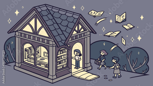 Narrative illustration showing magical bookstore with glowing characters escaping books as an antidote to sterile minimalism