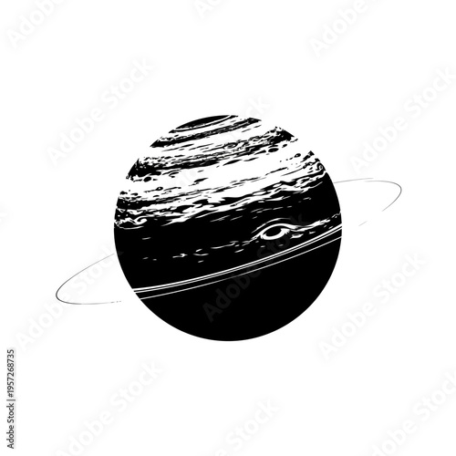 Monochrome Saturn Planet Illustration with Prominent Rings and Atmospheric Details.