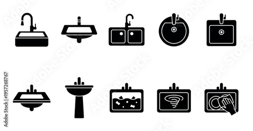 Collection of various sink icons in black silhouette on a white background, representing different types and functions of sinks and plumbing.
