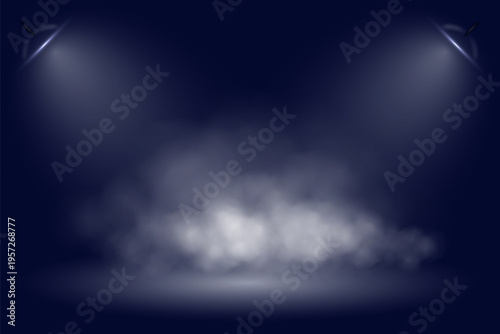 Stage background with spotlights and smoke. Dark illuminated scene with soft light beams and mist fog. Atmospheric design for theater, presentation, party, event. Realistic vector illustration