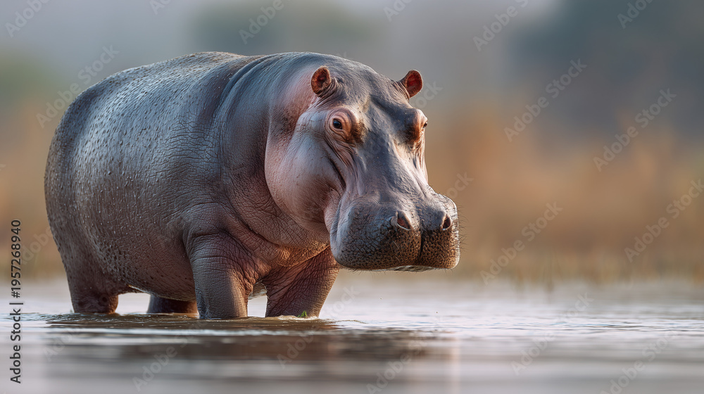 Fototapeta premium Adult hippopotamus standing half submerged in river water, showcasing powerful body, calm surface, and natural wildlife habitat in Africa.
