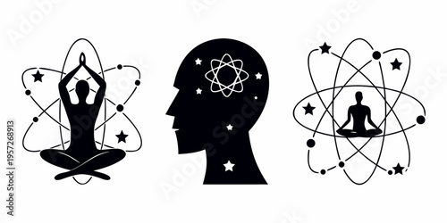 Silhouette figures meditating within cosmic and atomic symbol frameworks