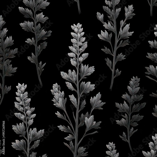 Elegant Black Background Pattern with Delicate Botanical Illustrations